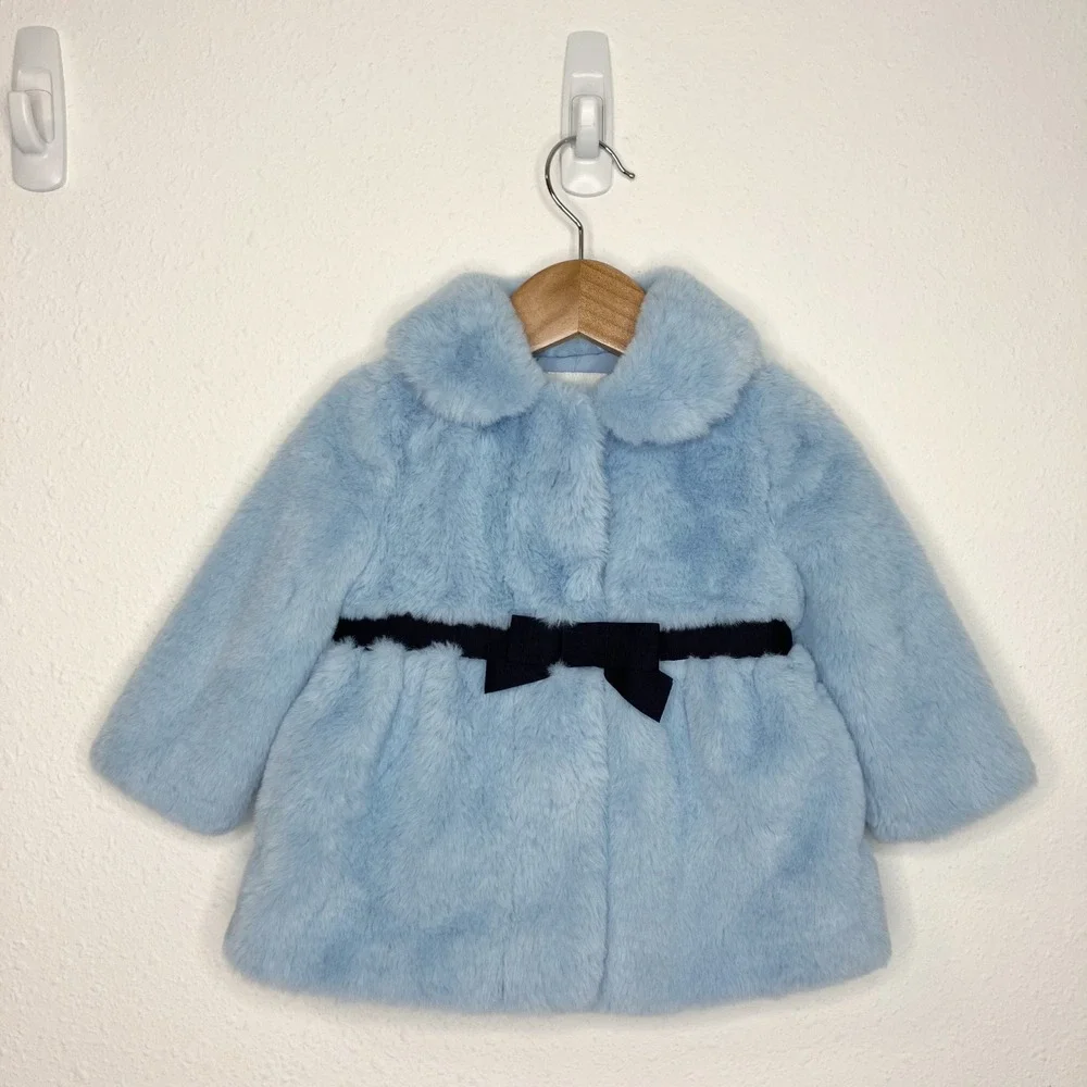 Janie and Jack Faux Fur Coat Ice Blue w/ Navy Bow Dressy Outerwear 12-18‎ months